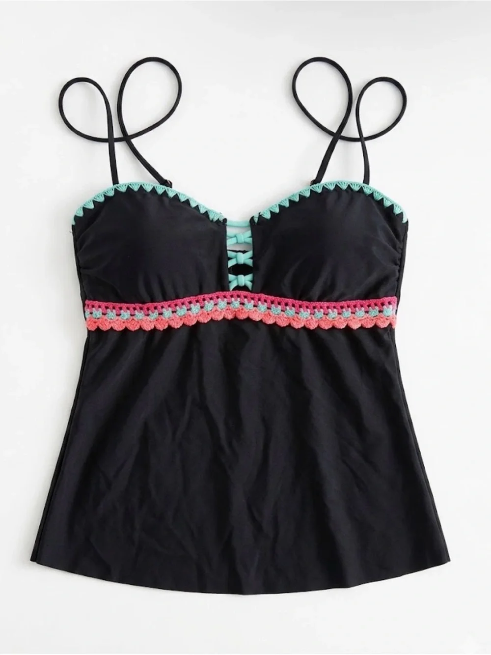 Y2K Small Crochet Black Swim Tankini Top Mint & Coral Trim Beach Summer